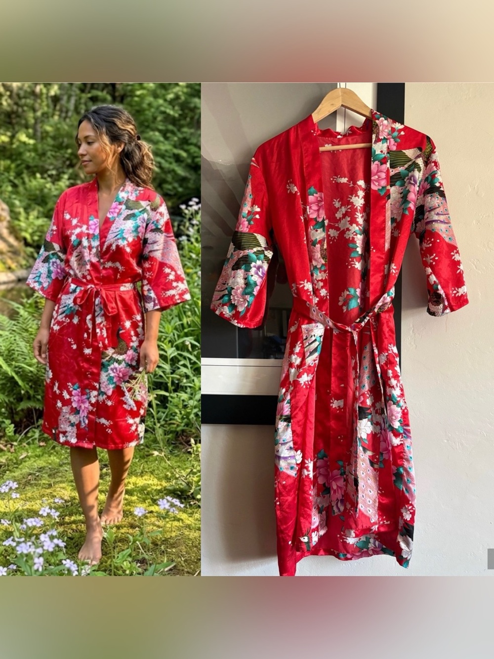 Red Satin Floral Kimono-Style Robe